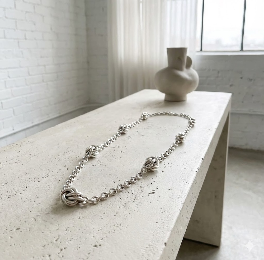 LOFT Silver Tone Love Knot Station Necklace Polished Career Minimalist Chain 18"